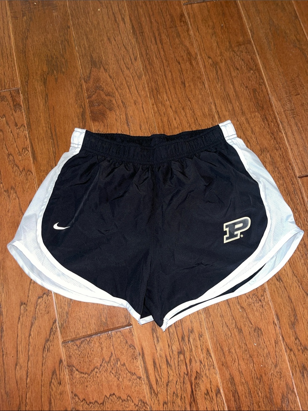 Nike Women's Black Athletic Shorts with White Trim and Purdue P